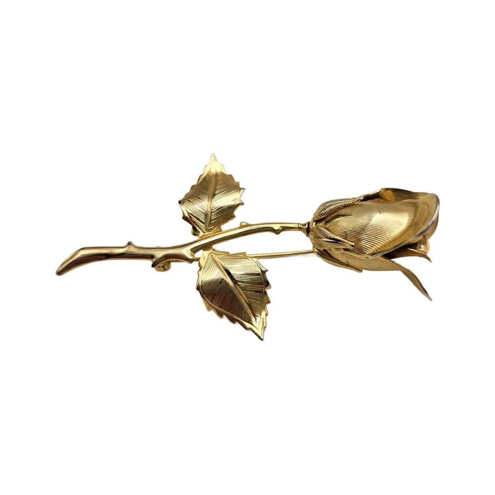 Vintage Gold Plated Thorny Rose Brooch, 3.25" Long - Picture 10 of 11